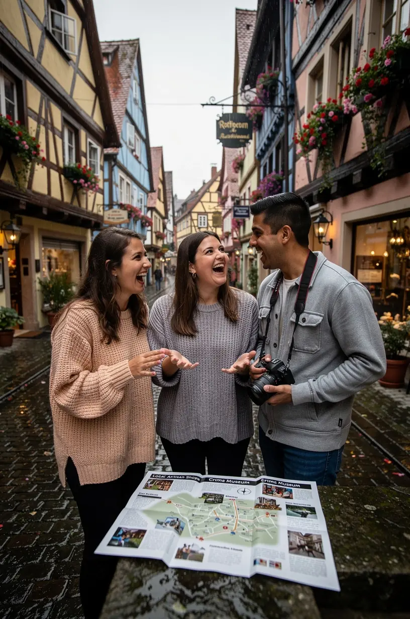 Besuchergruppe folgt aufmerksam einer geführten Wanderung durch enge Gassen einer historischen Stadt