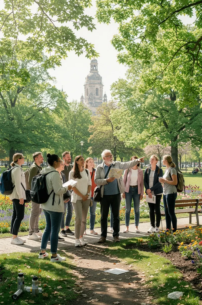 Geführte Stadttour mit Gruppe von Besuchern und Reiseleiter vor einem mittelalterlichen Stadttor
